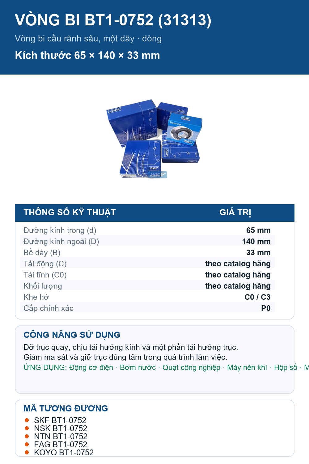 Vòng bi SKF BT1-0752 (31313) 65x140x33mm — Ảnh thông số (Pinterest)