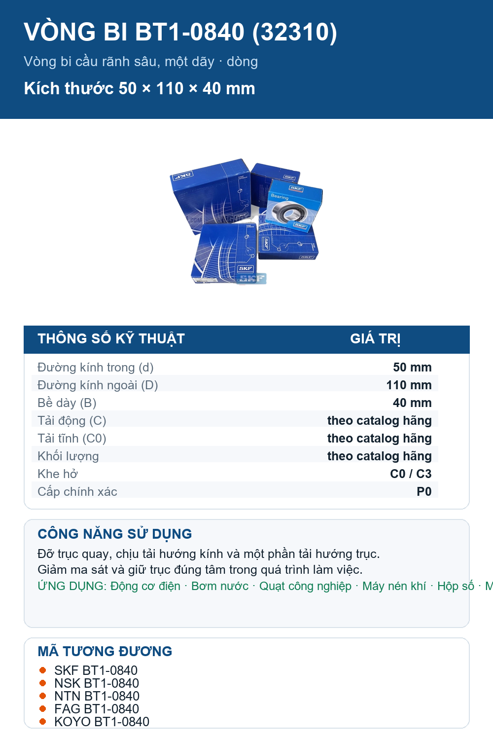 Vòng bi SKF BT1-0840 (32310) 50x110x40mm — Ảnh thông số (Pinterest)