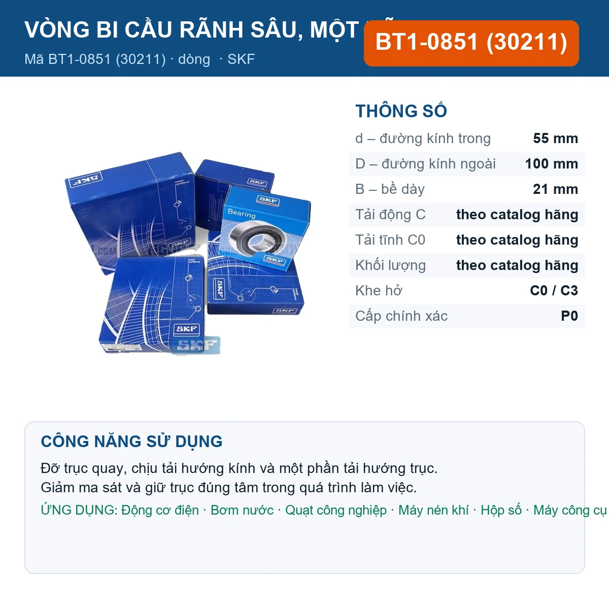 Vòng bi SKF BT1-0851 (30211) 55x100x21mm — Ảnh đăng sản phẩm (web)