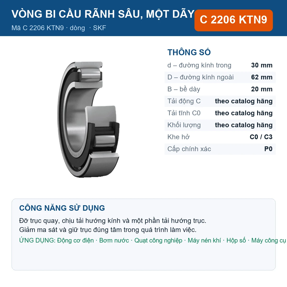 Vòng bi SKF C 2206 KTN9 — kích thước 30x62x20mm