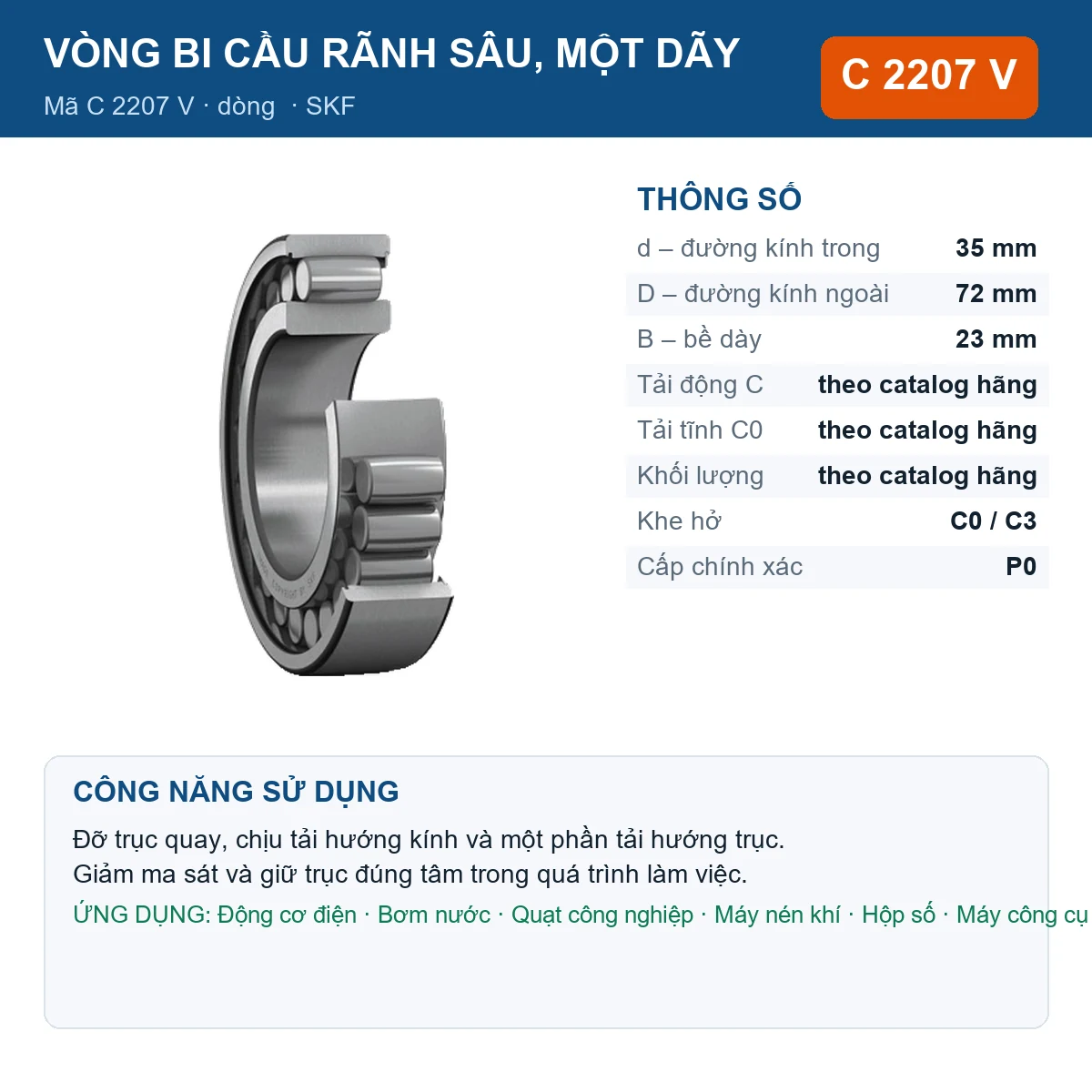 Vòng bi SKF C 2207 V — kích thước 35x72x23mm