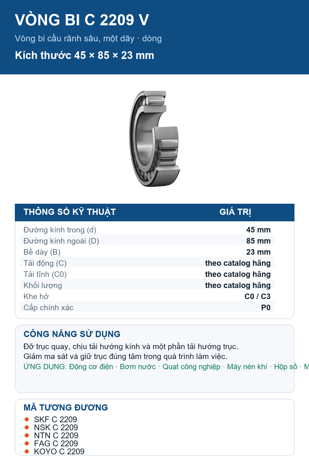 Vòng bi SKF C 2209 V 45x85x23mm — Ảnh thông số (Pinterest)