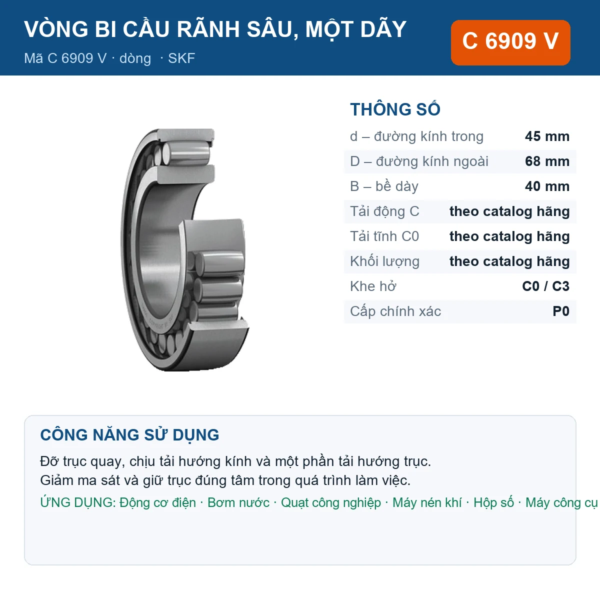 Vòng bi SKF C 6909 V 45x68x40mm — Ảnh đăng sản phẩm (web)