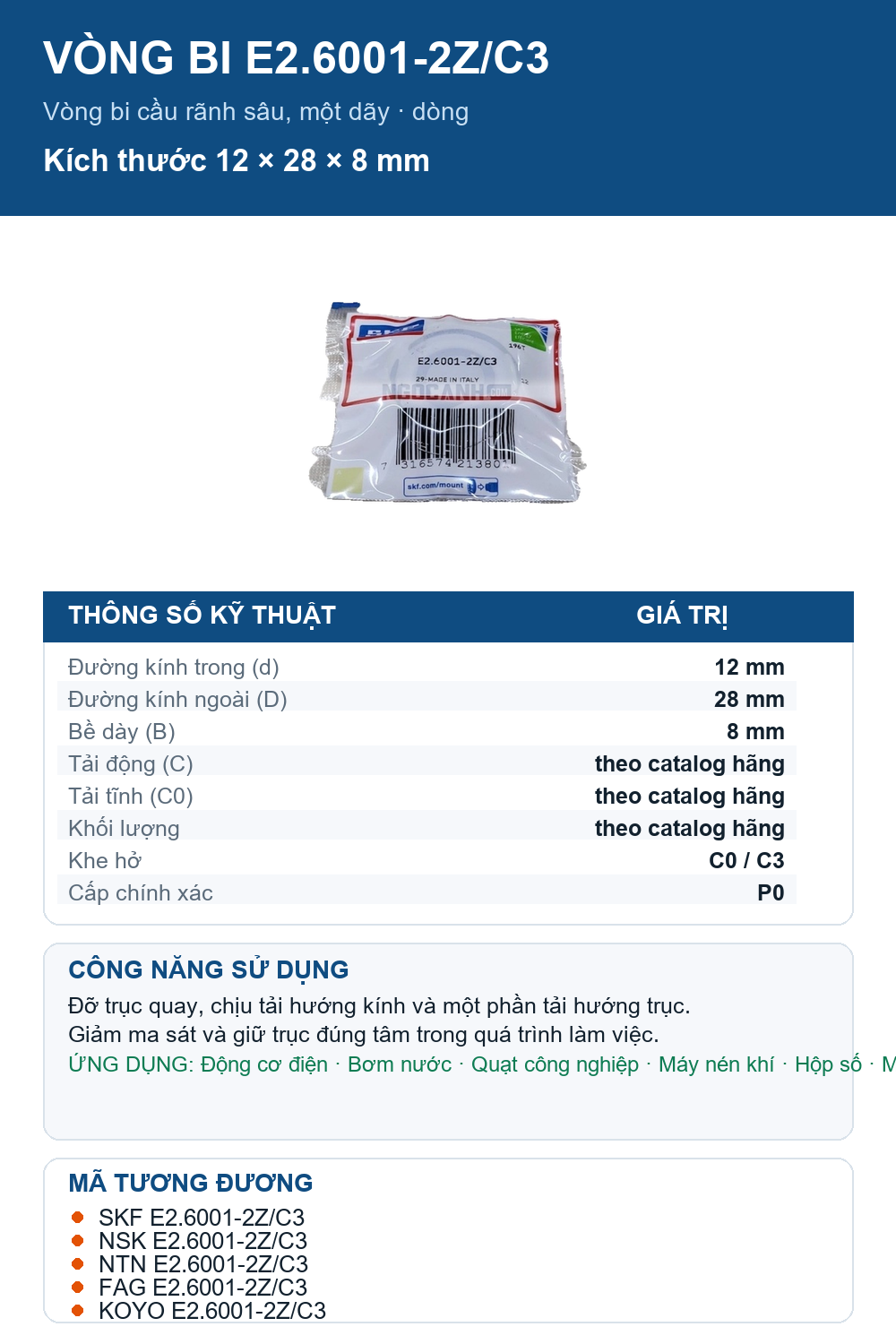 Vòng bi SKF E2.6001-2Z/C3 12x28x8mm — Ảnh thông số (Pinterest)