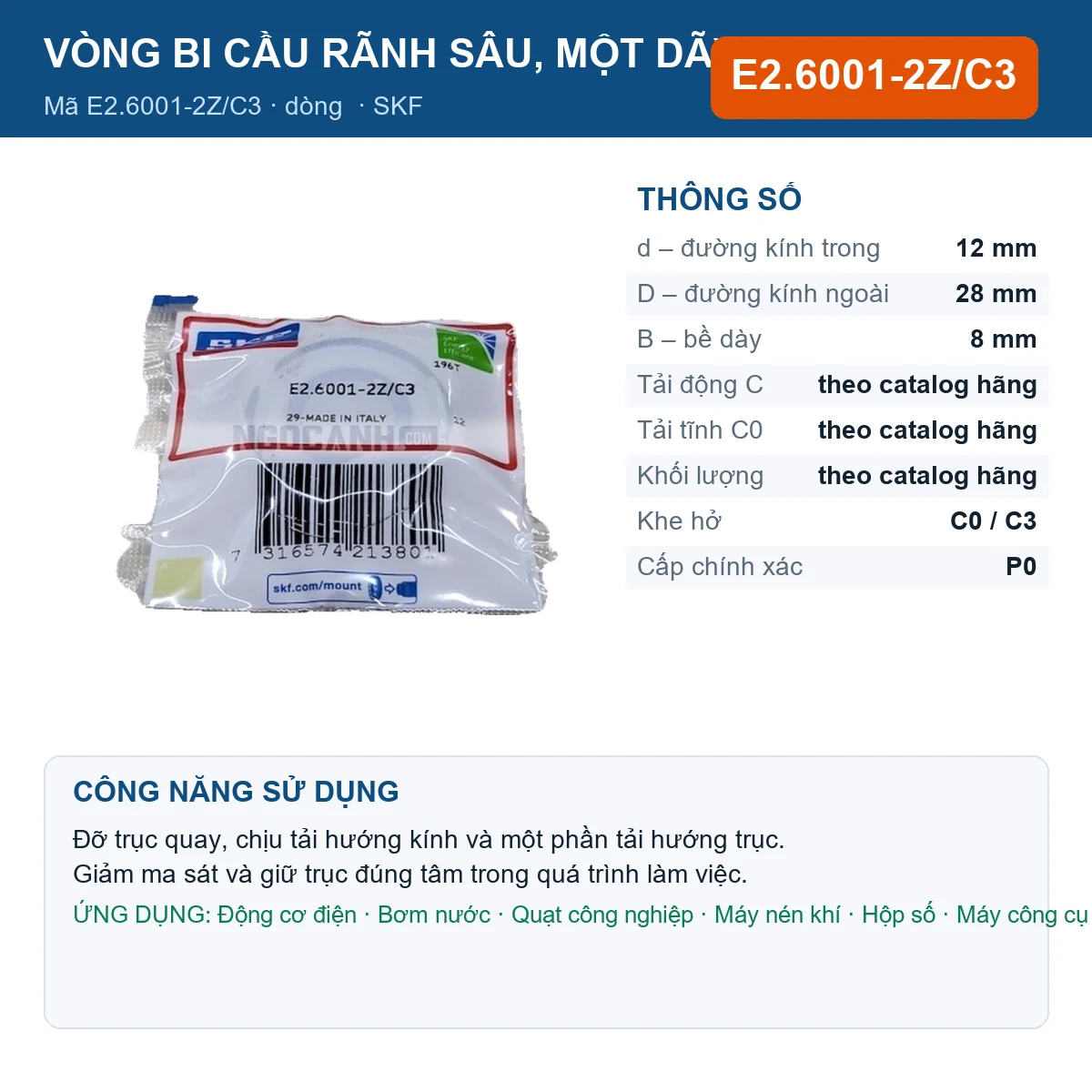Vòng bi SKF E2.6001-2Z/C3 12x28x8mm — Ảnh đăng sản phẩm (web)