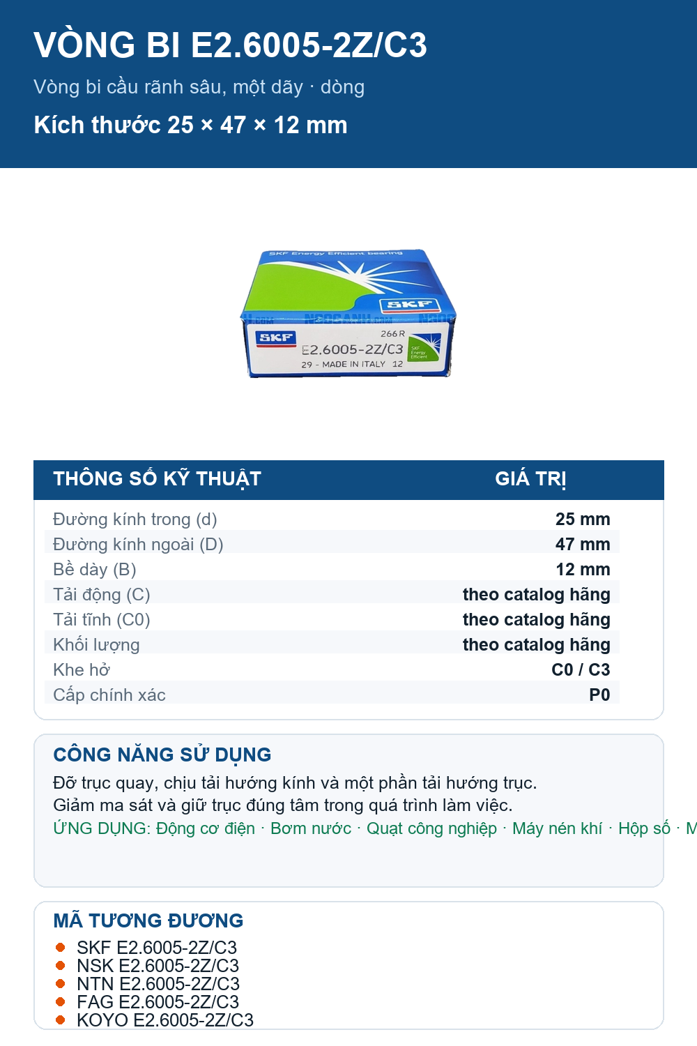 Vòng bi SKF E2.6005-2Z/C3 25x47x12mm — Ảnh thông số (Pinterest)