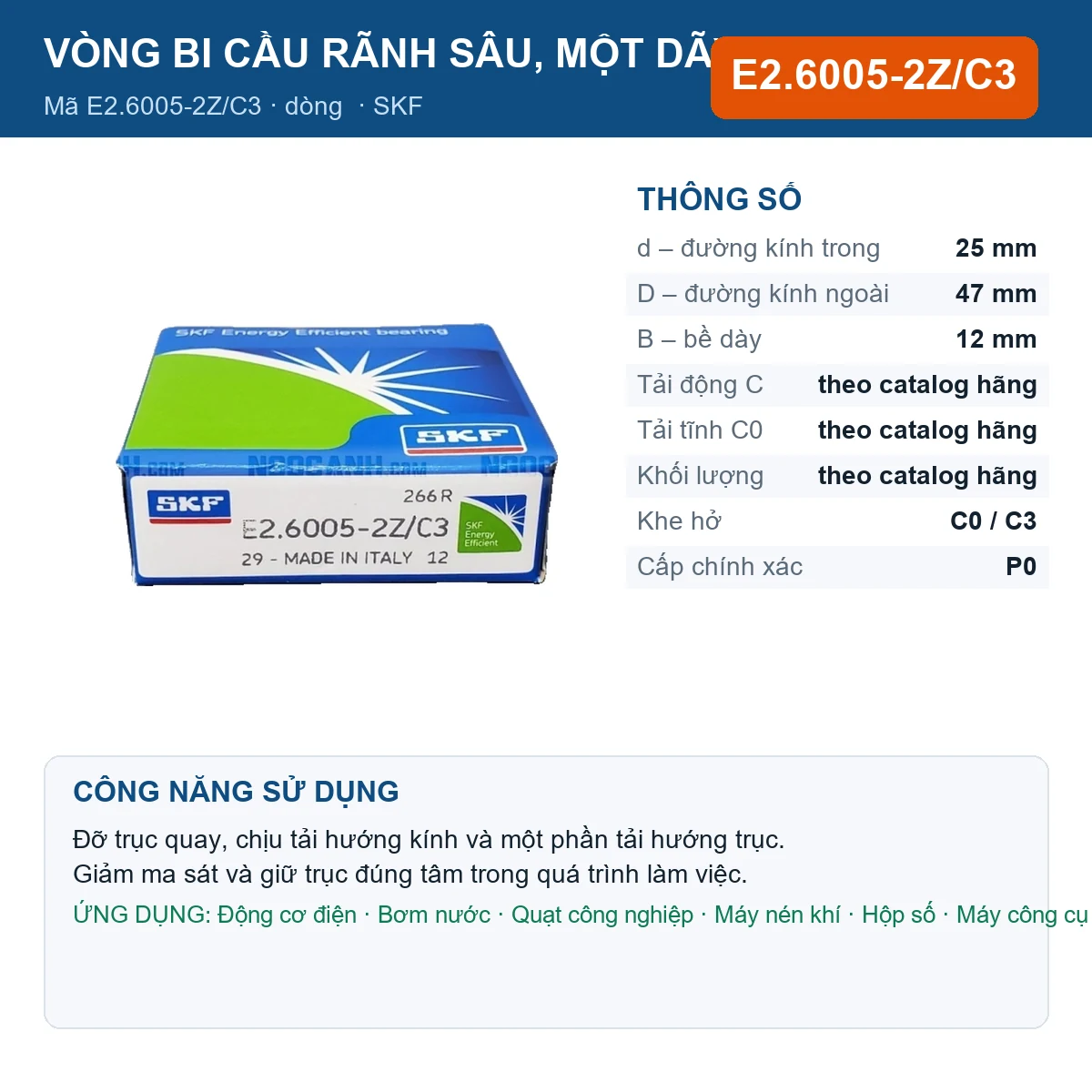 Vòng bi SKF E2.6005-2Z/C3 25x47x12mm — Ảnh đăng sản phẩm (web)