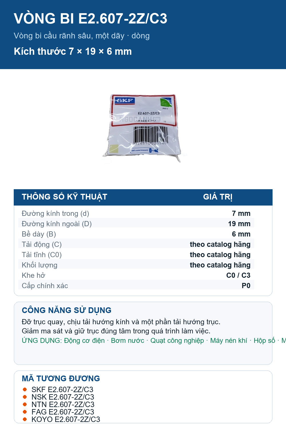 Vòng bi SKF E2.607-2Z/C3 7x19x6mm — Ảnh thông số (Pinterest)