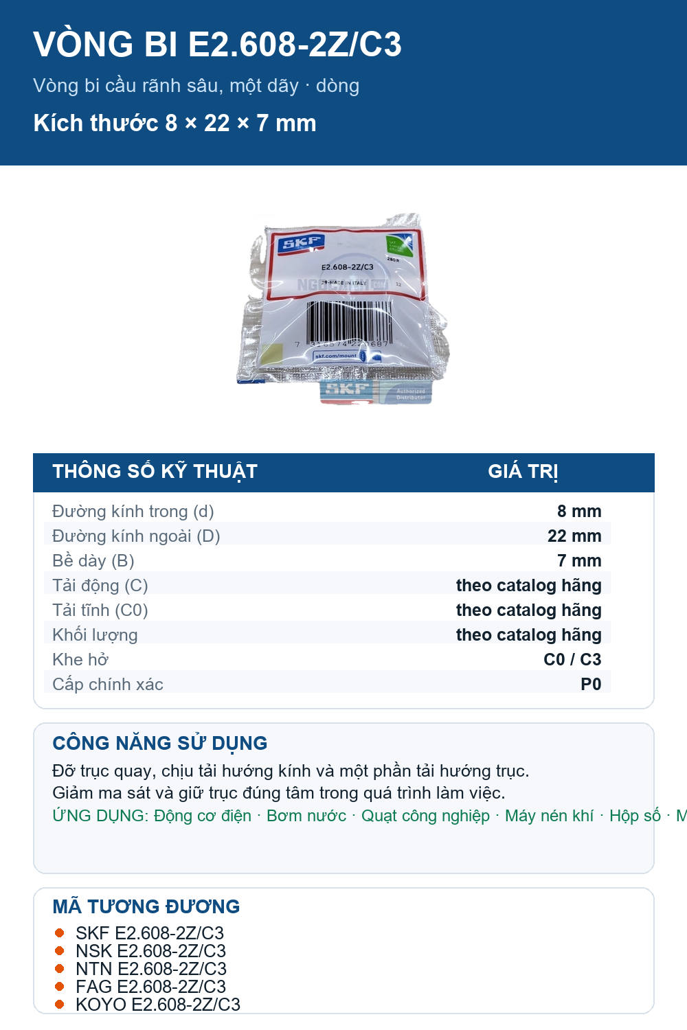 Vòng bi SKF E2.608-2Z/C3 8x22x7mm — Ảnh thông số (Pinterest)