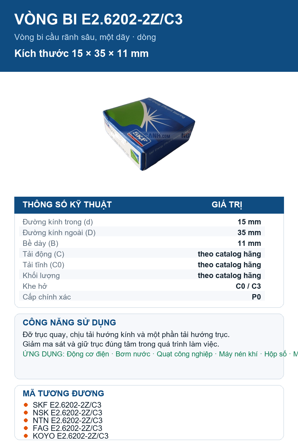 Vòng bi SKF E2.6202-2Z/C3 15x35x11mm — Ảnh thông số (Pinterest)