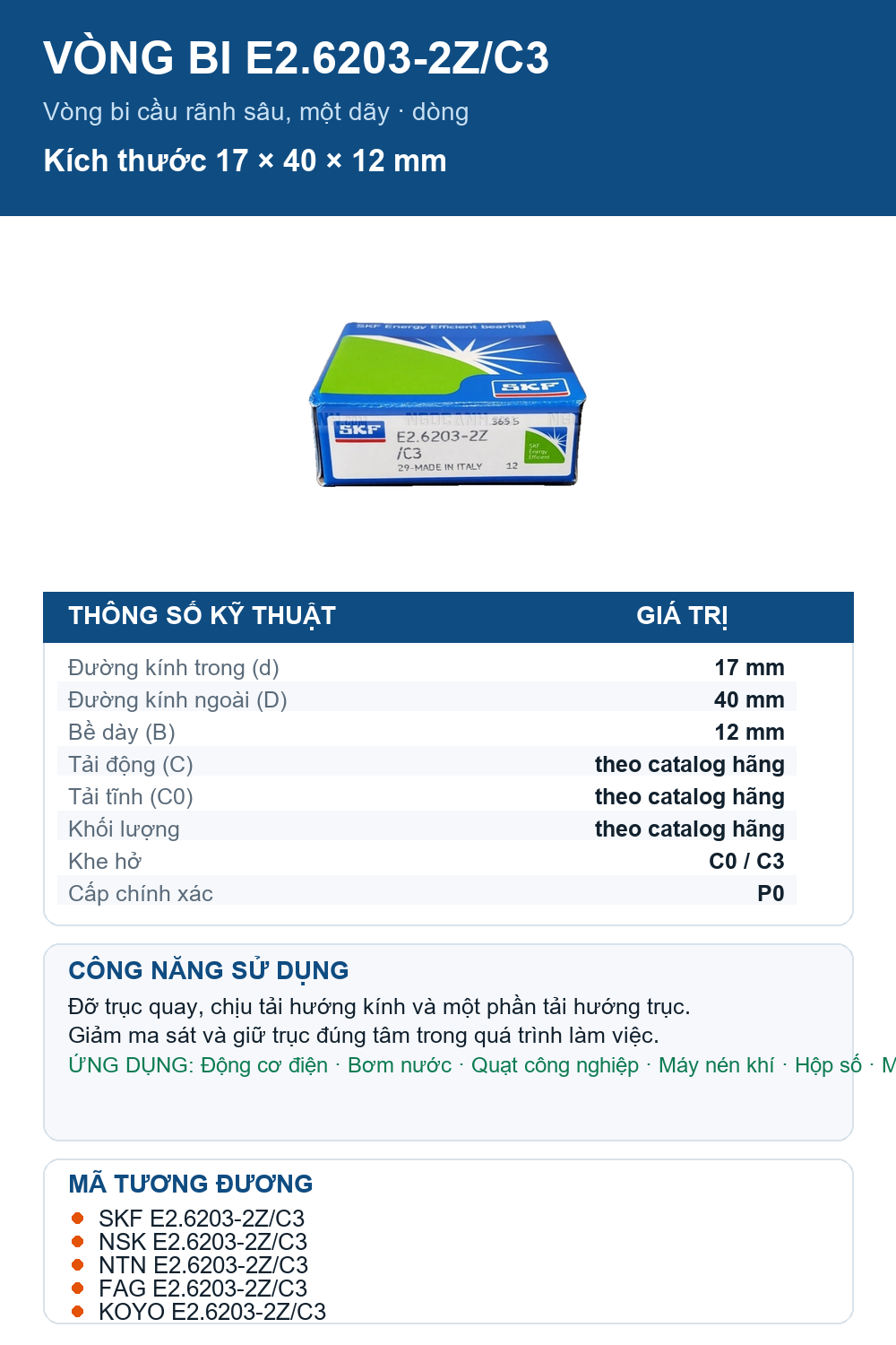 Vòng bi SKF E2.6203-2Z/C3 17x40x12mm — Ảnh thông số (Pinterest)
