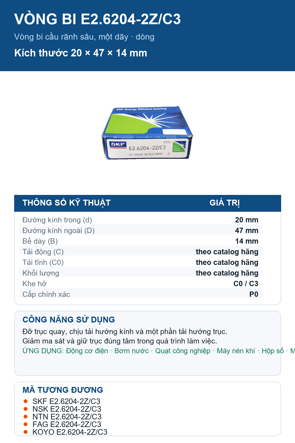 Vòng bi SKF E2.6204-2Z/C3 20x47x14mm — Ảnh thông số (Pinterest)