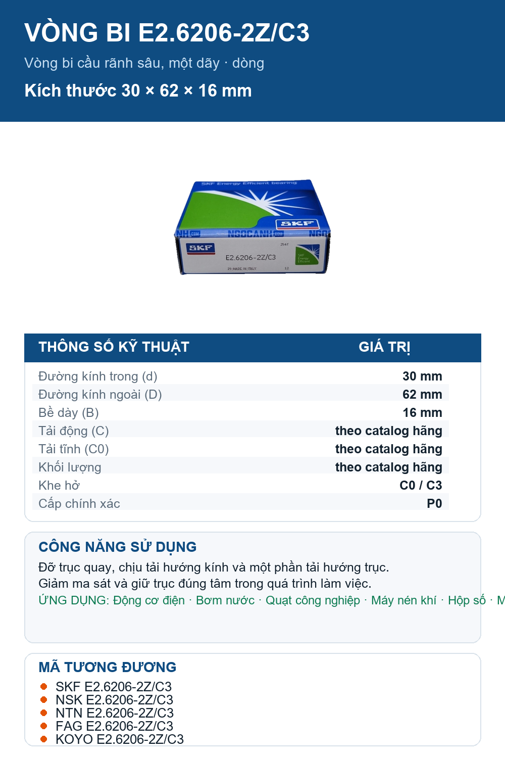 Vòng bi SKF E2.6206-2Z/C3 30x62x16mm — Ảnh thông số (Pinterest)
