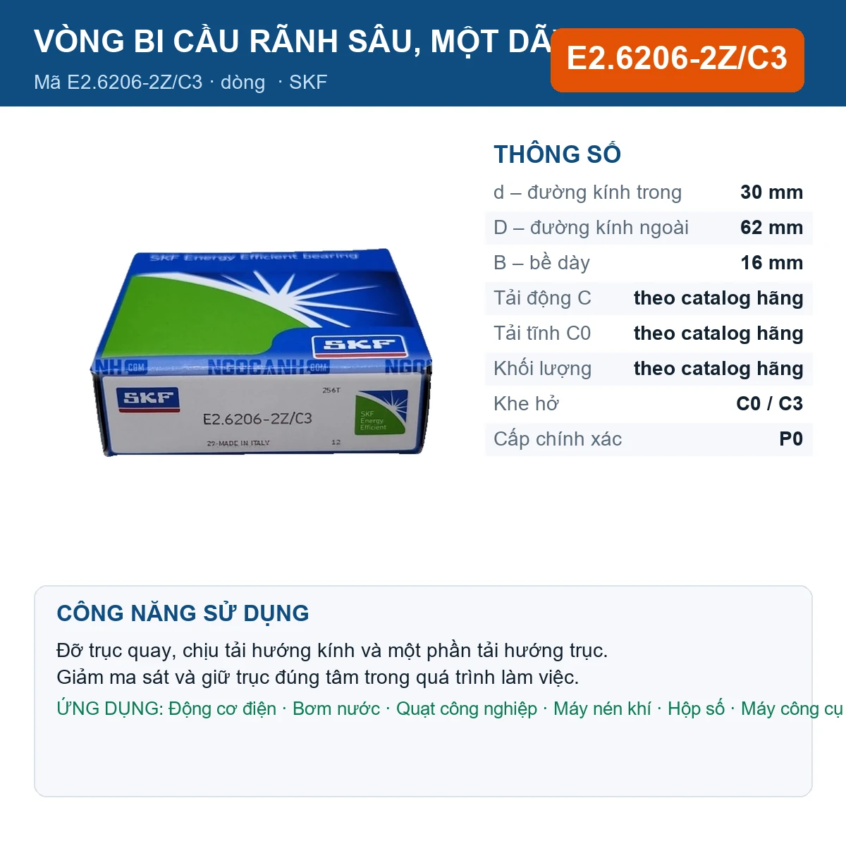 Vòng bi SKF E2.6206-2Z/C3 30x62x16mm — Ảnh đăng sản phẩm (web)