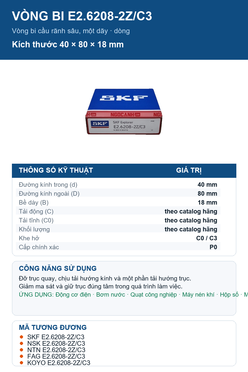 Vòng bi SKF E2.6208-2Z/C3 40x80x18mm — Ảnh thông số (Pinterest)