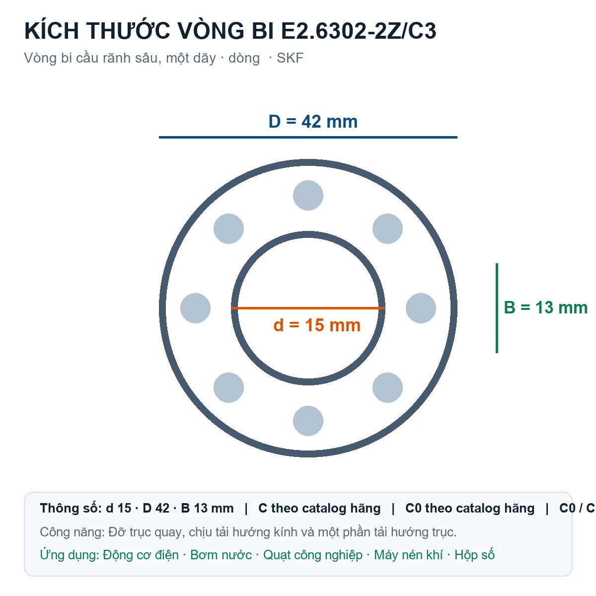 Vòng bi SKF E2.6302-2Z/C3 15x42x13mm — Bản vẽ kích thước (Google Images)