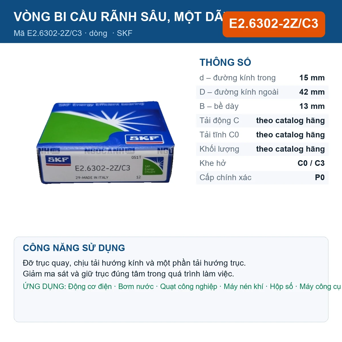 Vòng bi SKF E2.6302-2Z/C3 15x42x13mm — Ảnh đăng sản phẩm (web)