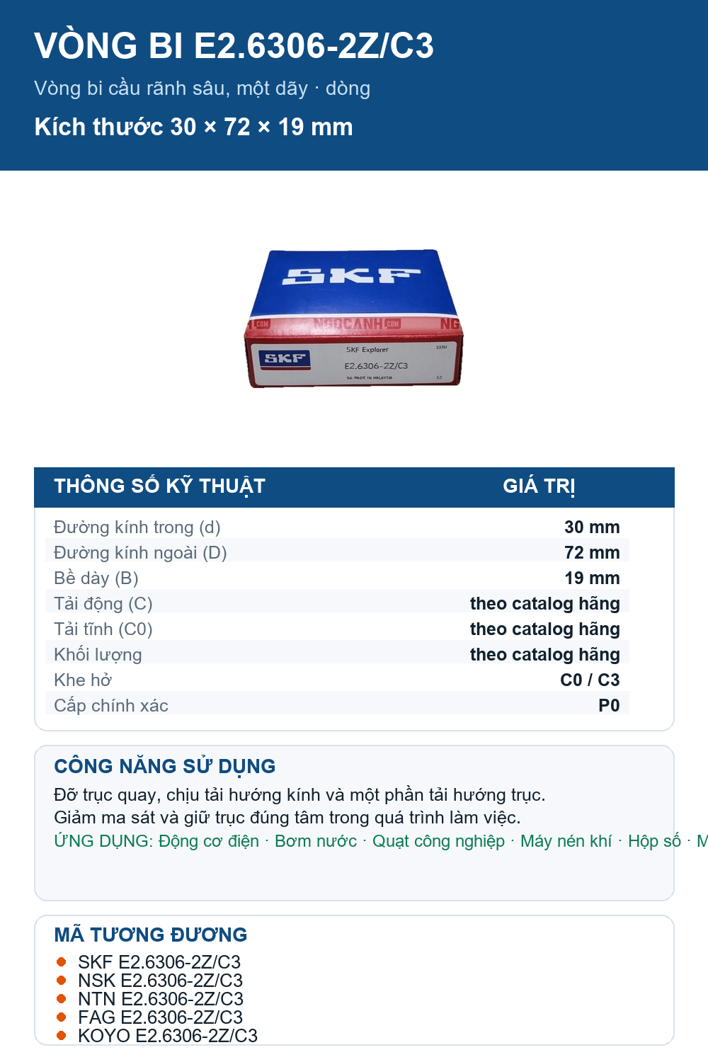Vòng bi SKF E2.6306-2Z/C3 30x72x19mm — Ảnh thông số (Pinterest)