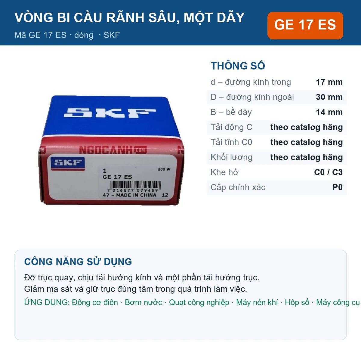Vòng bi SKF GE 17 ES 17x30x14mm — Ảnh đăng sản phẩm (web)