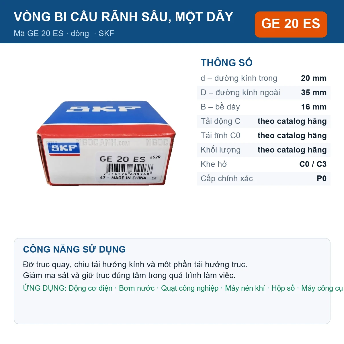 Vòng bi SKF GE 20 ES 20x35x16mm — Ảnh đăng sản phẩm (web)
