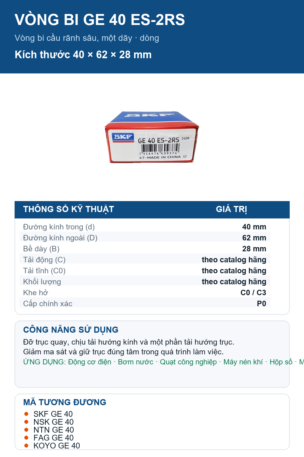 Vòng bi SKF GE 40 ES-2RS 40x62x28mm — Ảnh thông số (Pinterest)