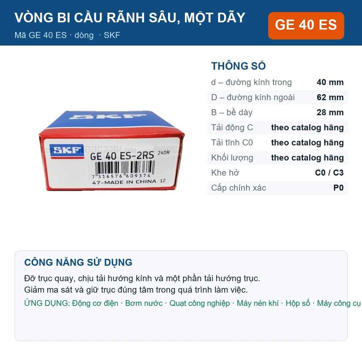 Vòng bi SKF GE 40 ES 40x62x28mm — Ảnh đăng sản phẩm (web)