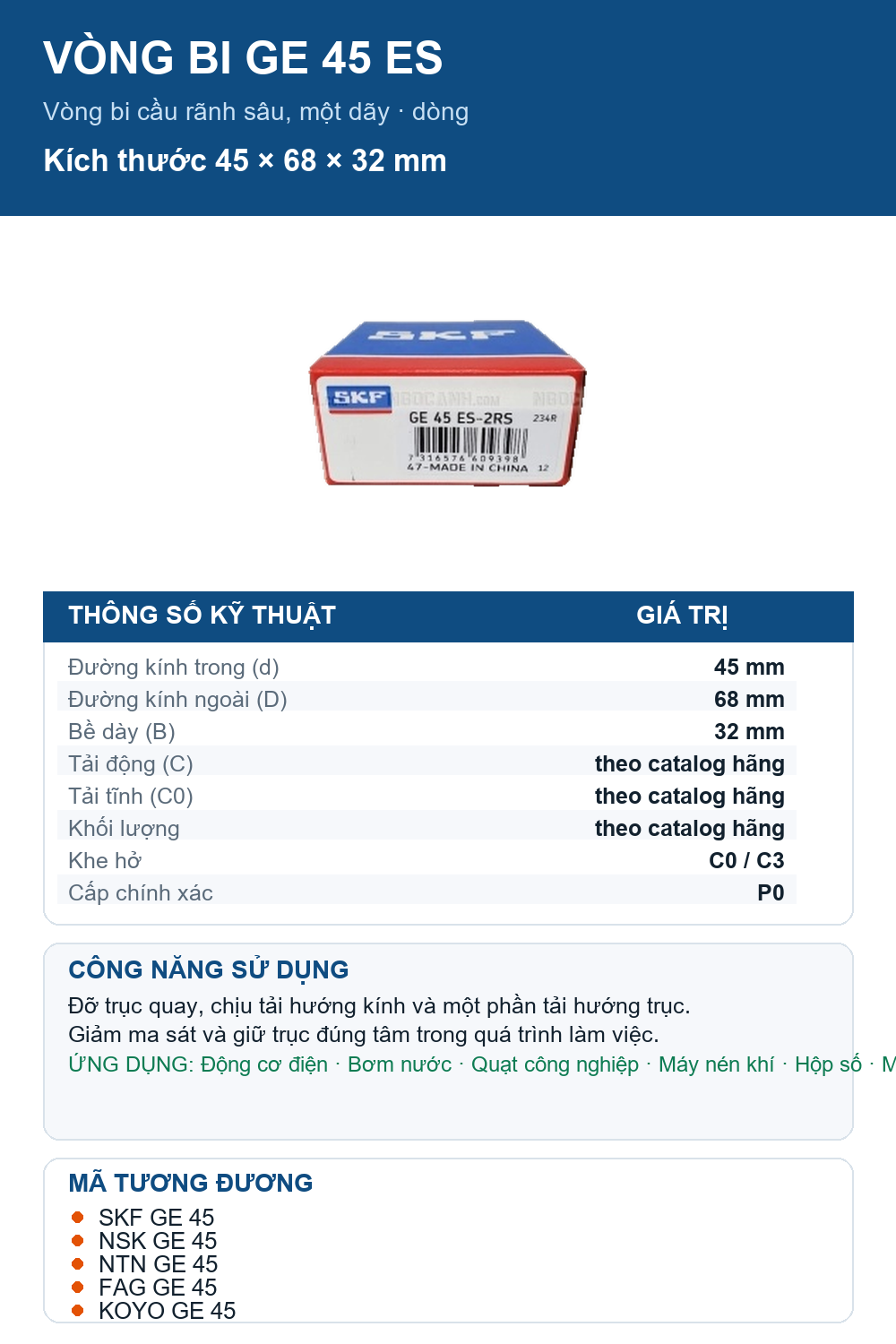 Vòng bi SKF GE 45 ES 45x68x32mm — Ảnh thông số (Pinterest)