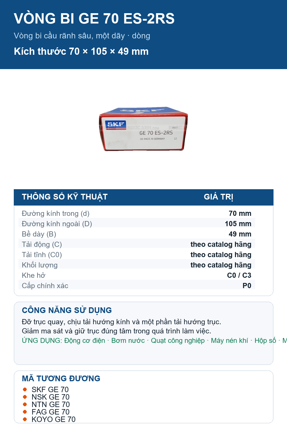 Vòng bi SKF GE 70 ES-2RS 70x105x49mm — Ảnh thông số (Pinterest)
