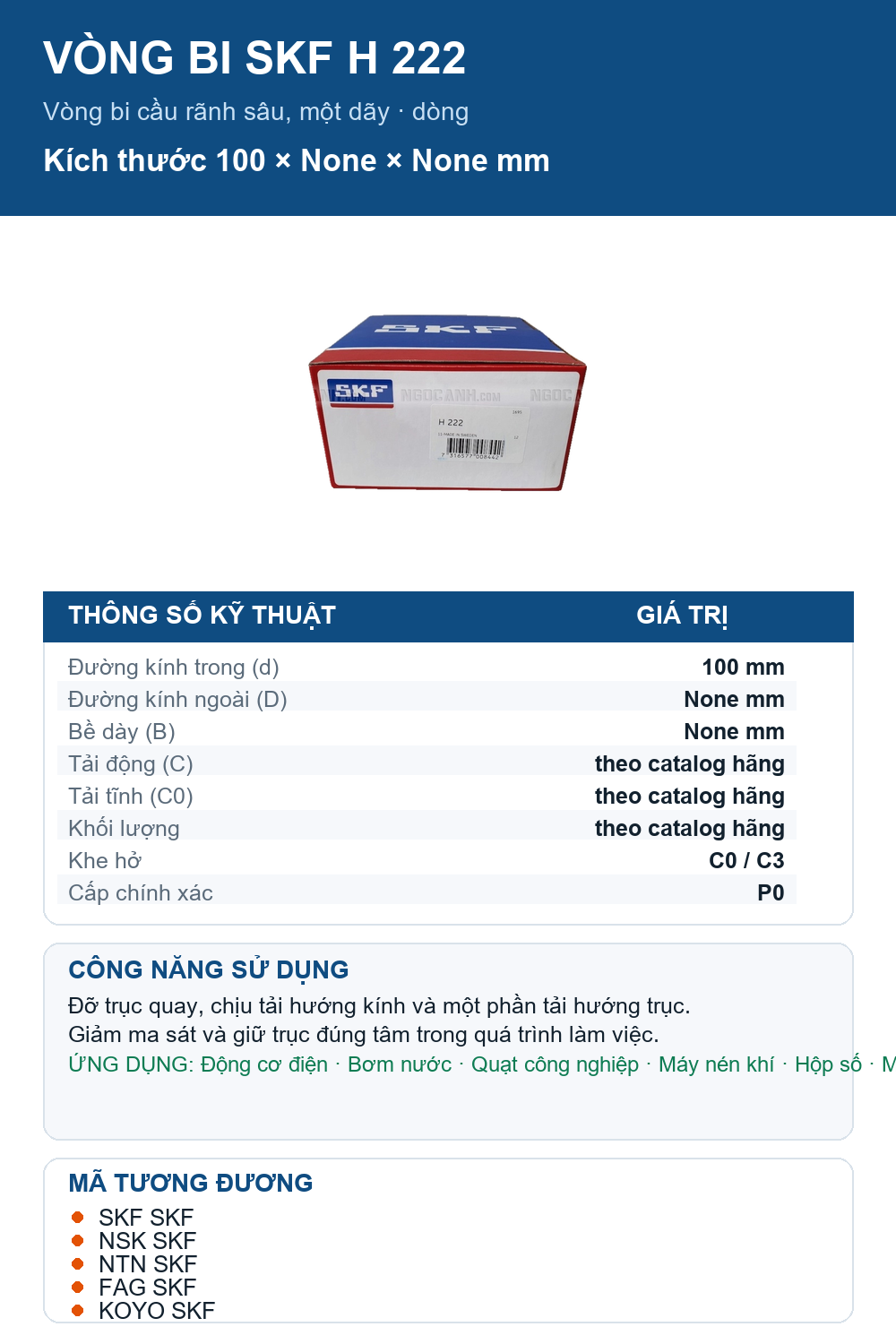 Vòng bi SKF H 222 100mm — Ảnh thông số (Pinterest)