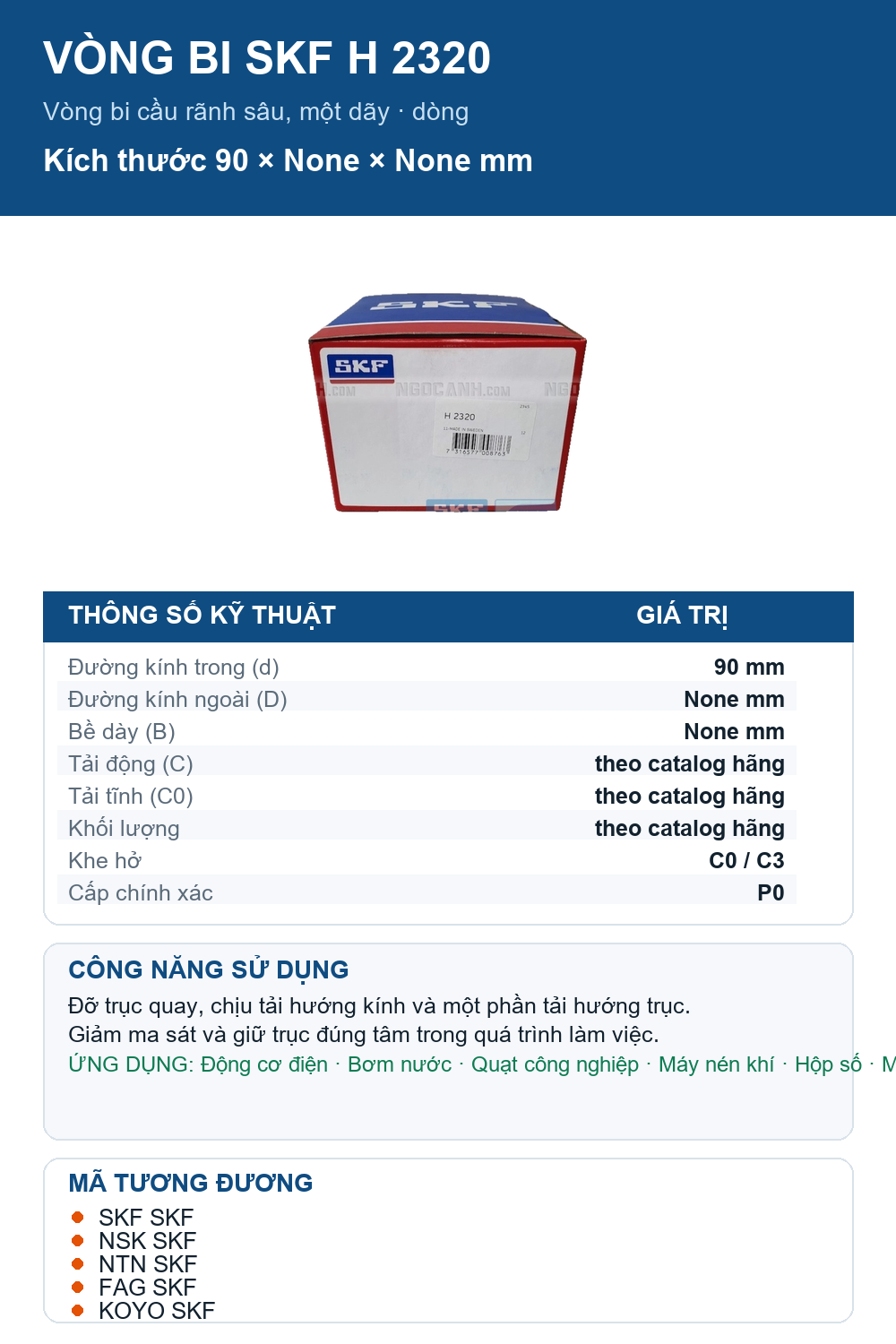 Vòng bi SKF H 2320 90mm — Ảnh thông số (Pinterest)