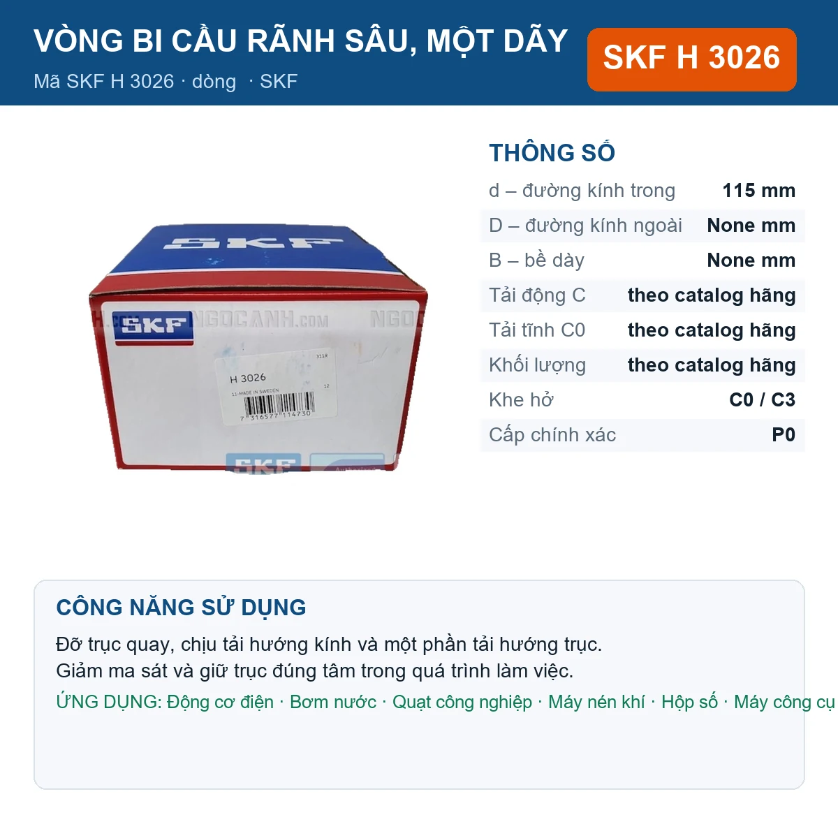 Vòng bi SKF H 3026 115mm — Ảnh đăng sản phẩm (web)