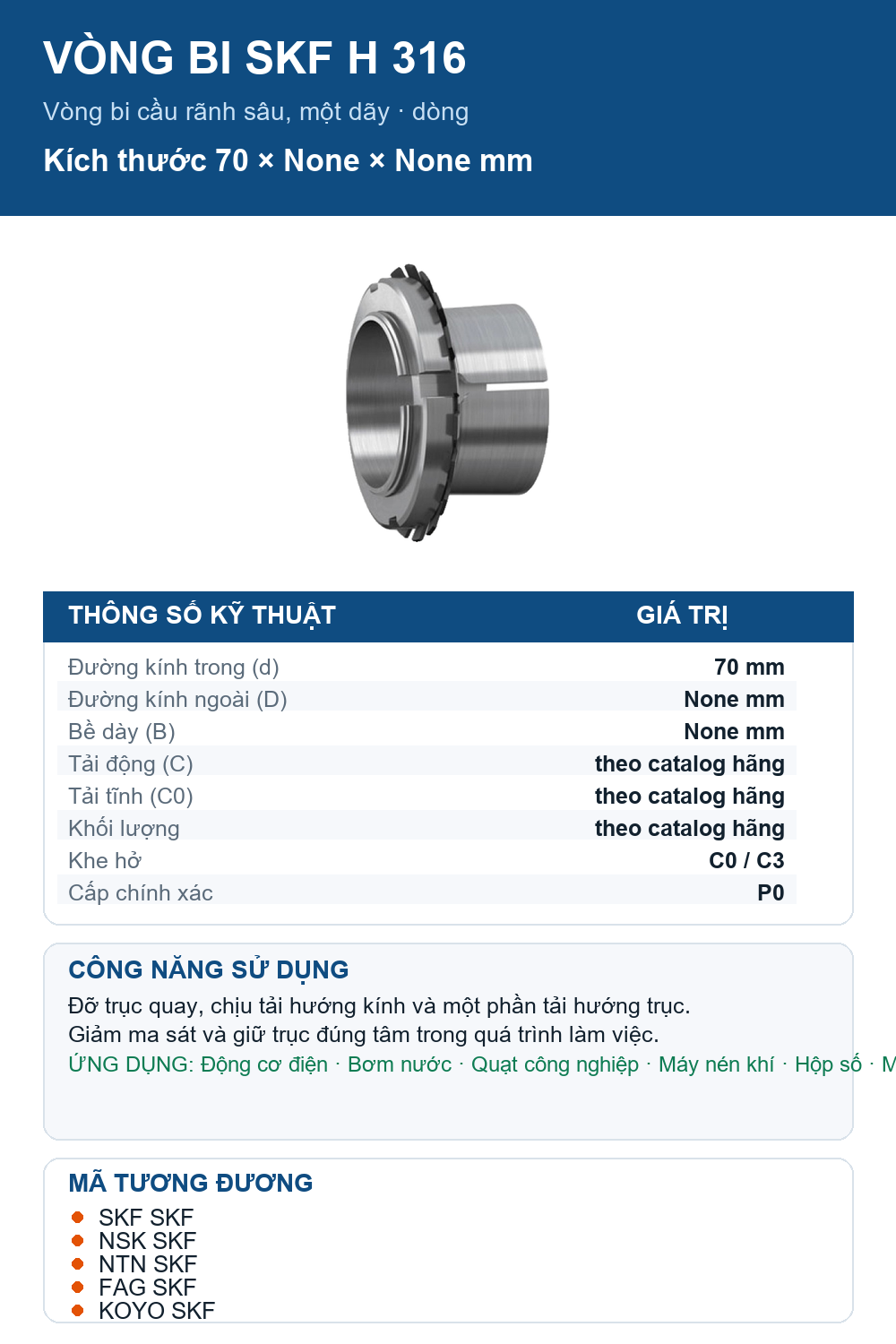 Vòng bi SKF H 316 70mm — Ảnh thông số (Pinterest)
