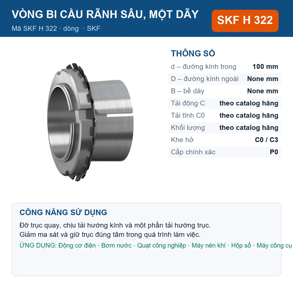 Vòng bi SKF H 322 100mm — Ảnh đăng sản phẩm (web)
