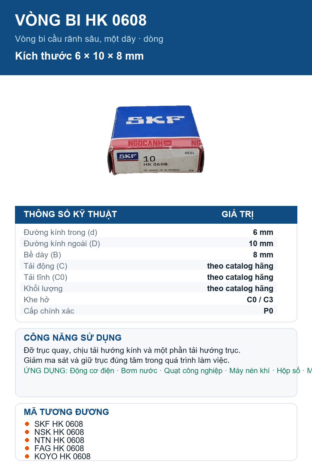 Vòng bi SKF HK 0608 6x10x8mm — Ảnh thông số (Pinterest)