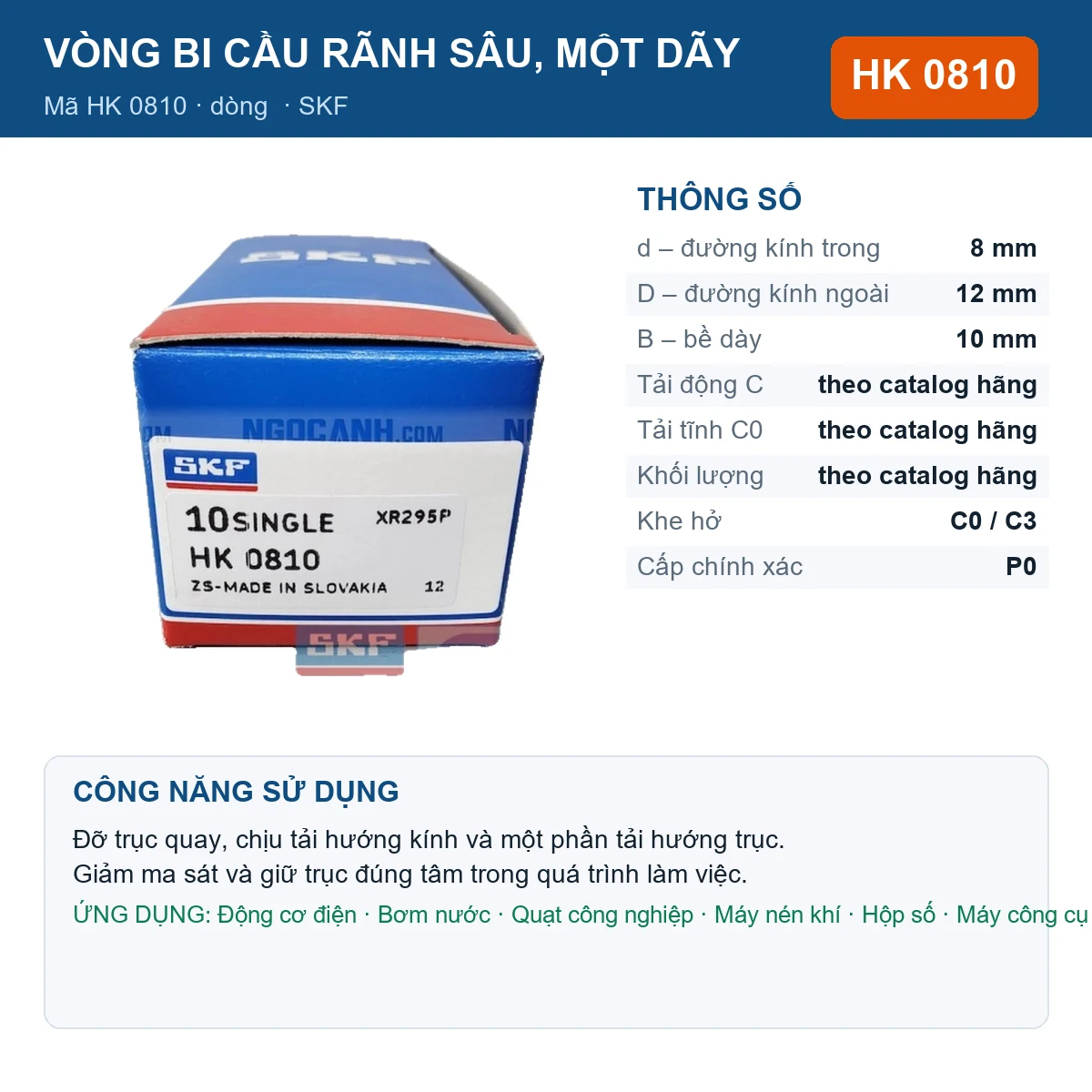 Vòng bi SKF HK 0810 — kích thước 8x12x10mm