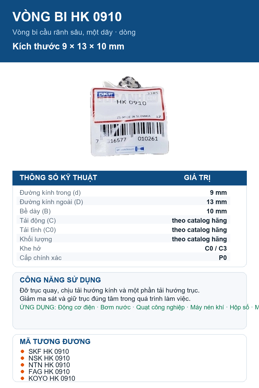 Vòng bi SKF HK 0910 9x13x10mm — Ảnh thông số (Pinterest)