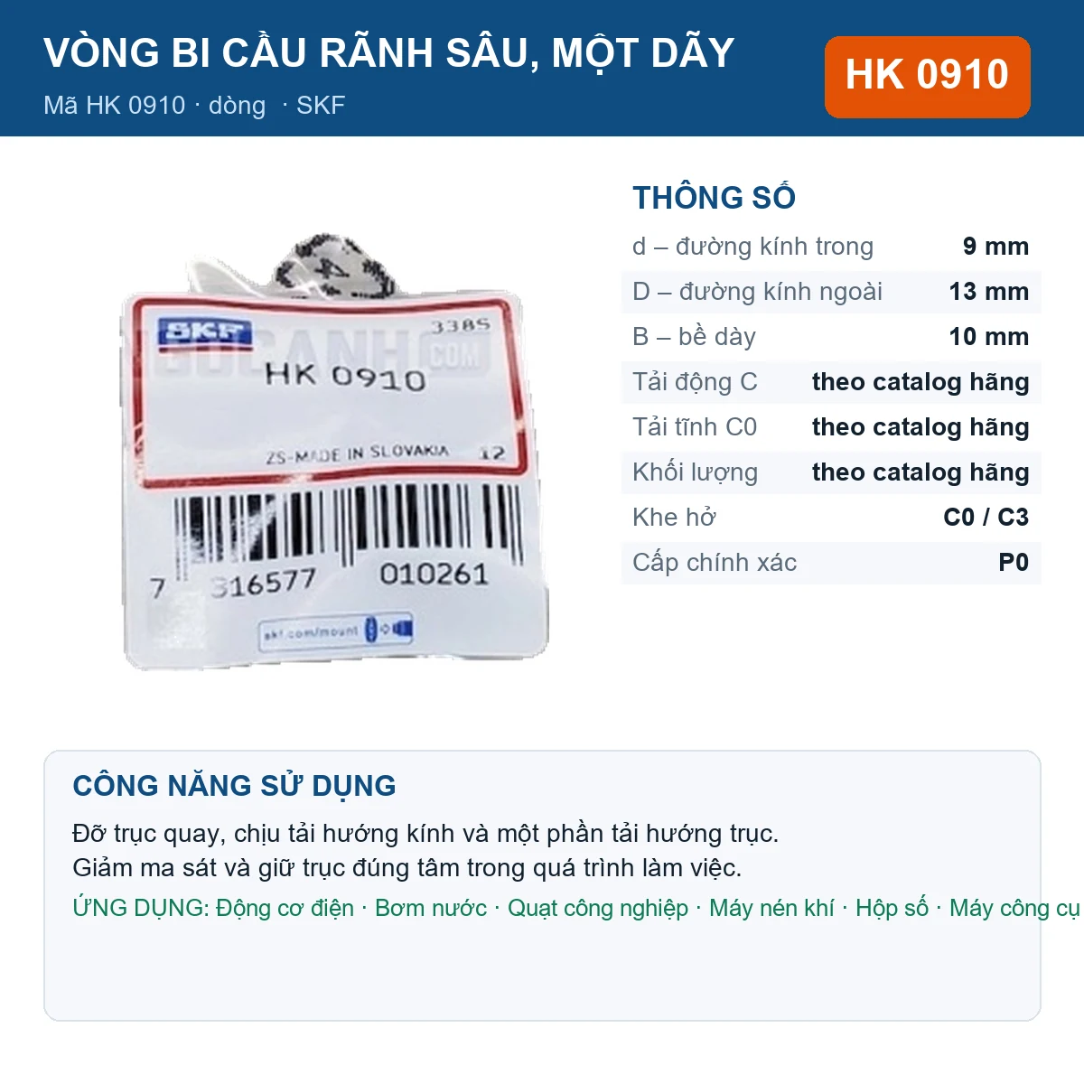 Vòng bi SKF HK 0910 — kích thước 9x13x10mm
