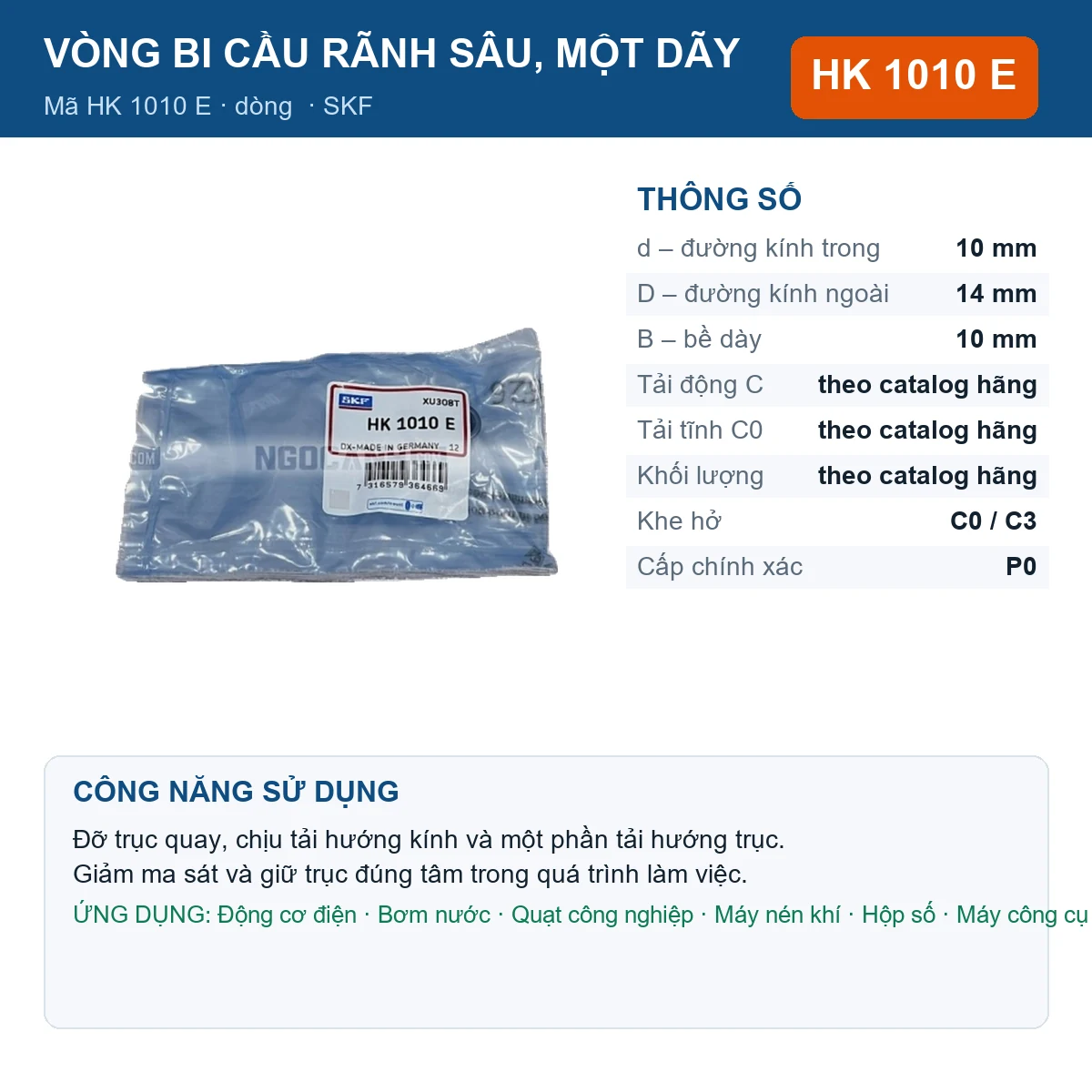 Vòng bi SKF HK 1010 E 10x14x10mm — Ảnh đăng sản phẩm (web)