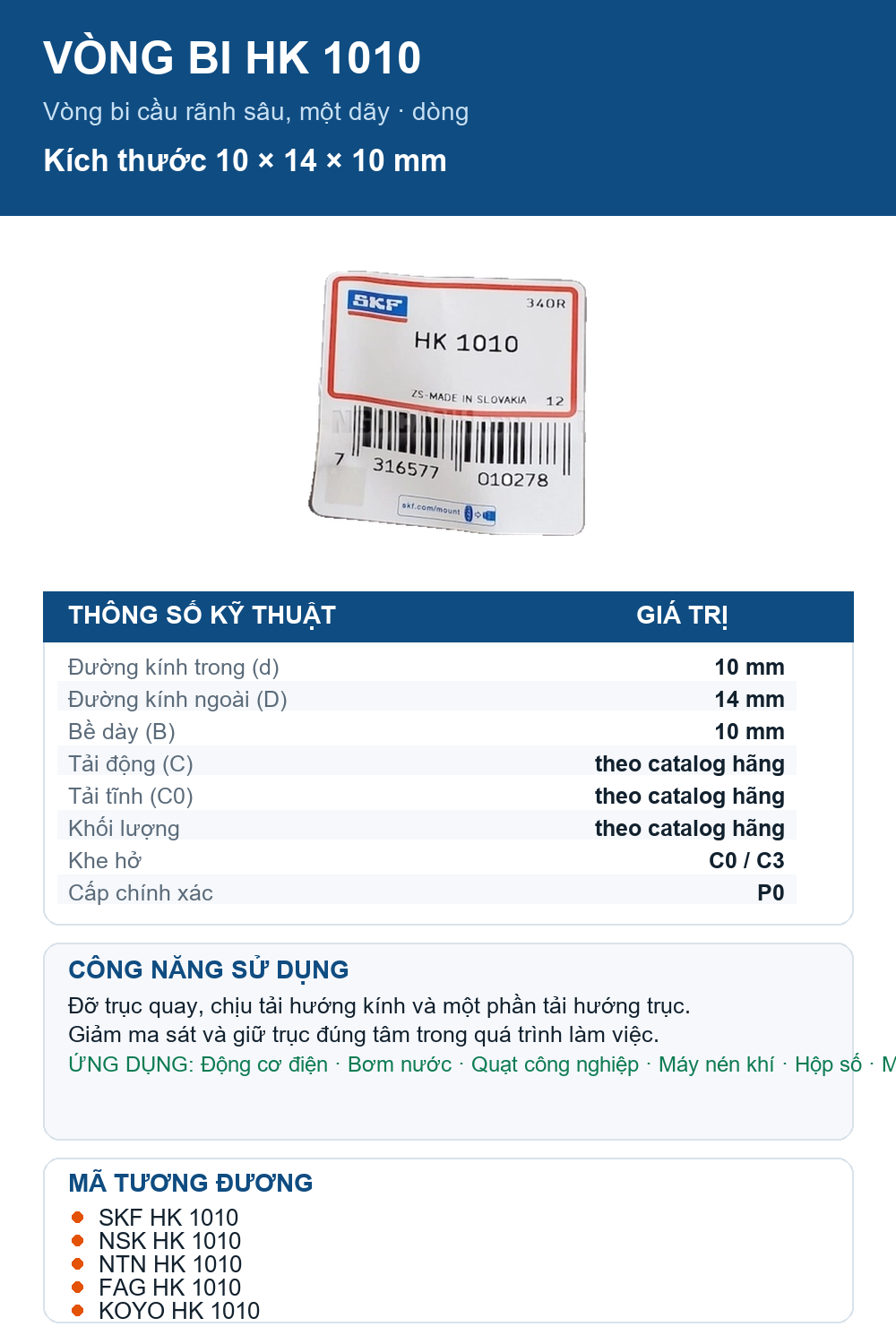 Vòng bi SKF HK 1010 10x14x10mm — Ảnh thông số (Pinterest)