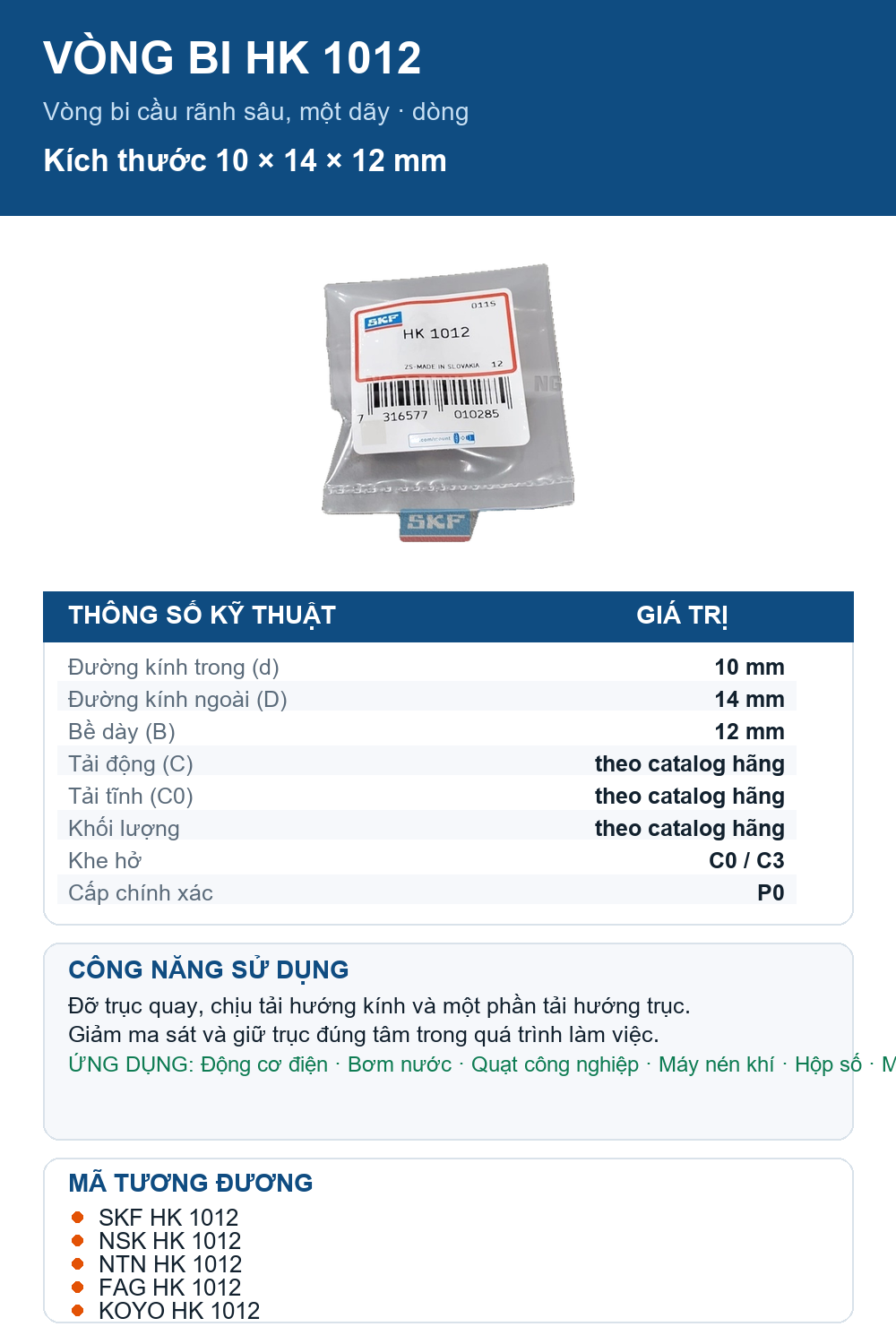 Vòng bi SKF HK 1012 10x14x12mm — Ảnh thông số (Pinterest)
