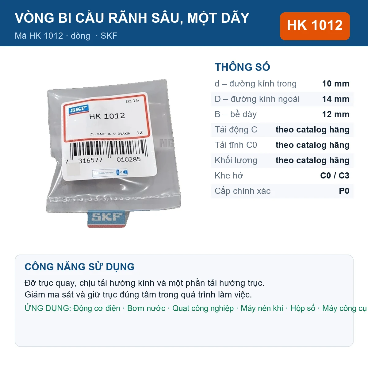 Vòng bi SKF HK 1012 10x14x12mm — Ảnh đăng sản phẩm (web)