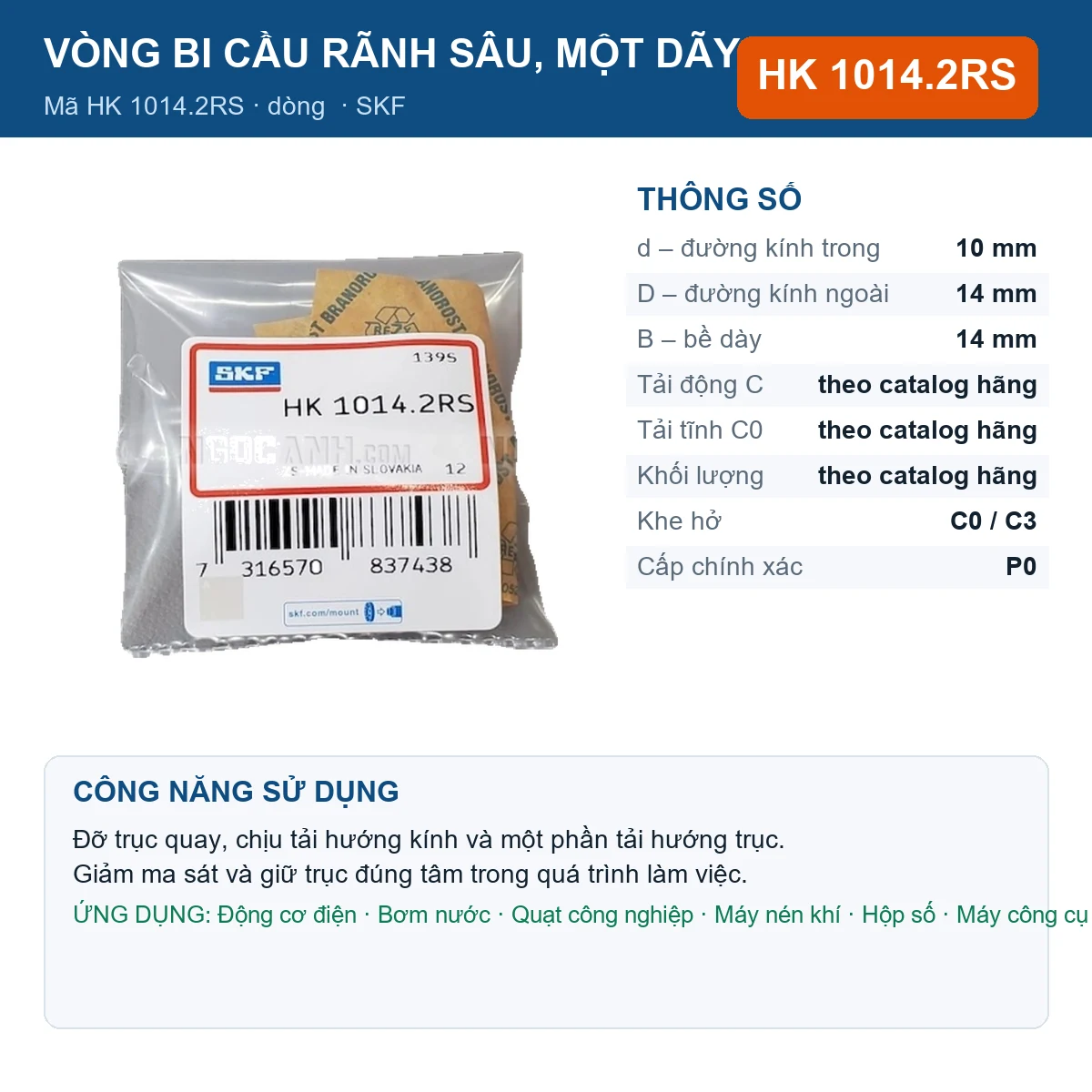 Vòng bi SKF HK 1014.2RS — kích thước 10x14x14mm