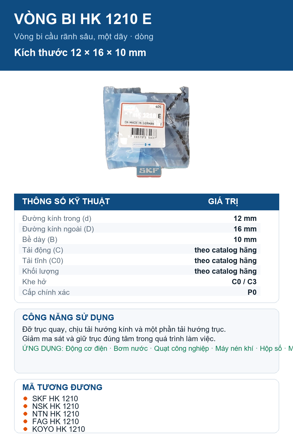 Vòng bi SKF HK 1210 E 12x16x10mm — Ảnh thông số (Pinterest)