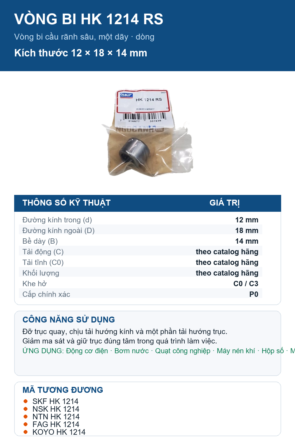 Vòng bi SKF HK 1214 RS 12x18x14mm — Ảnh thông số (Pinterest)