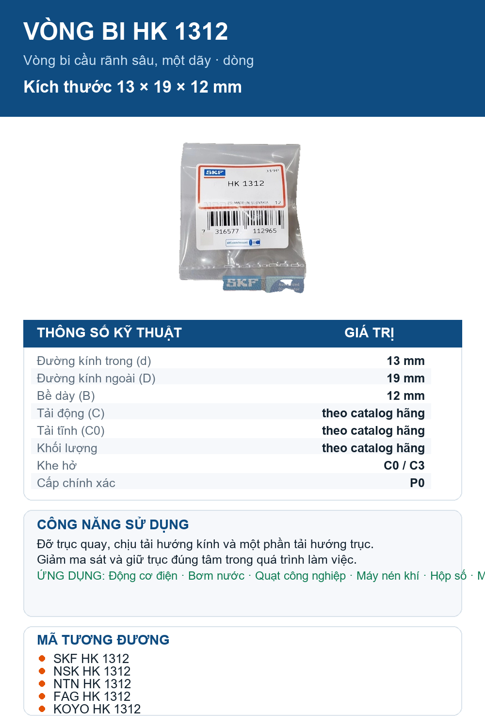 Vòng bi SKF HK 1312 13x19x12mm — Ảnh thông số (Pinterest)