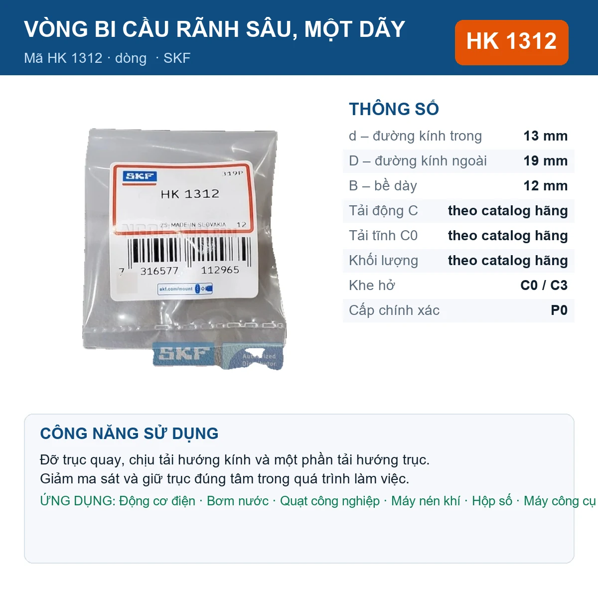 Vòng bi SKF HK 1312 — kích thước 13x19x12mm