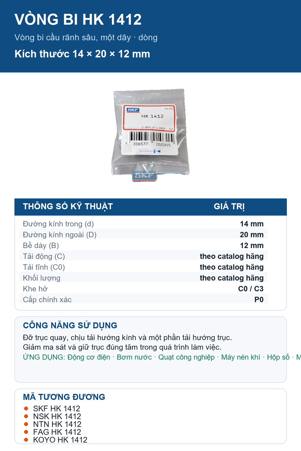 Vòng bi SKF HK 1412 14x20x12mm — Ảnh thông số (Pinterest)