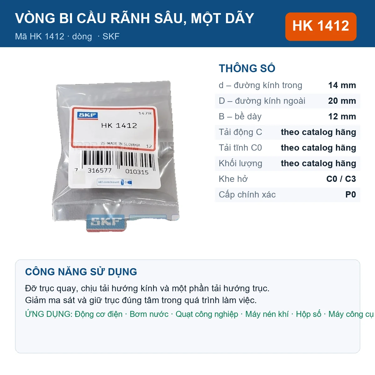 Vòng bi SKF HK 1412 14x20x12mm — Ảnh đăng sản phẩm (web)