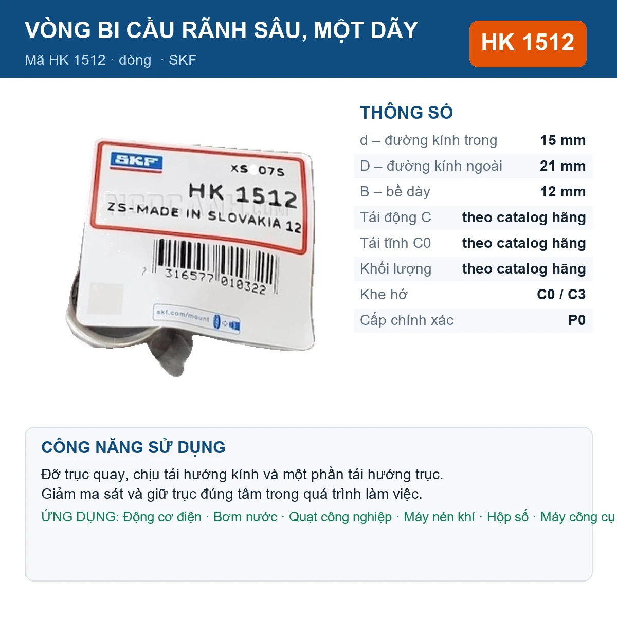 Vòng bi SKF HK 1512 — kích thước 15x21x12mm