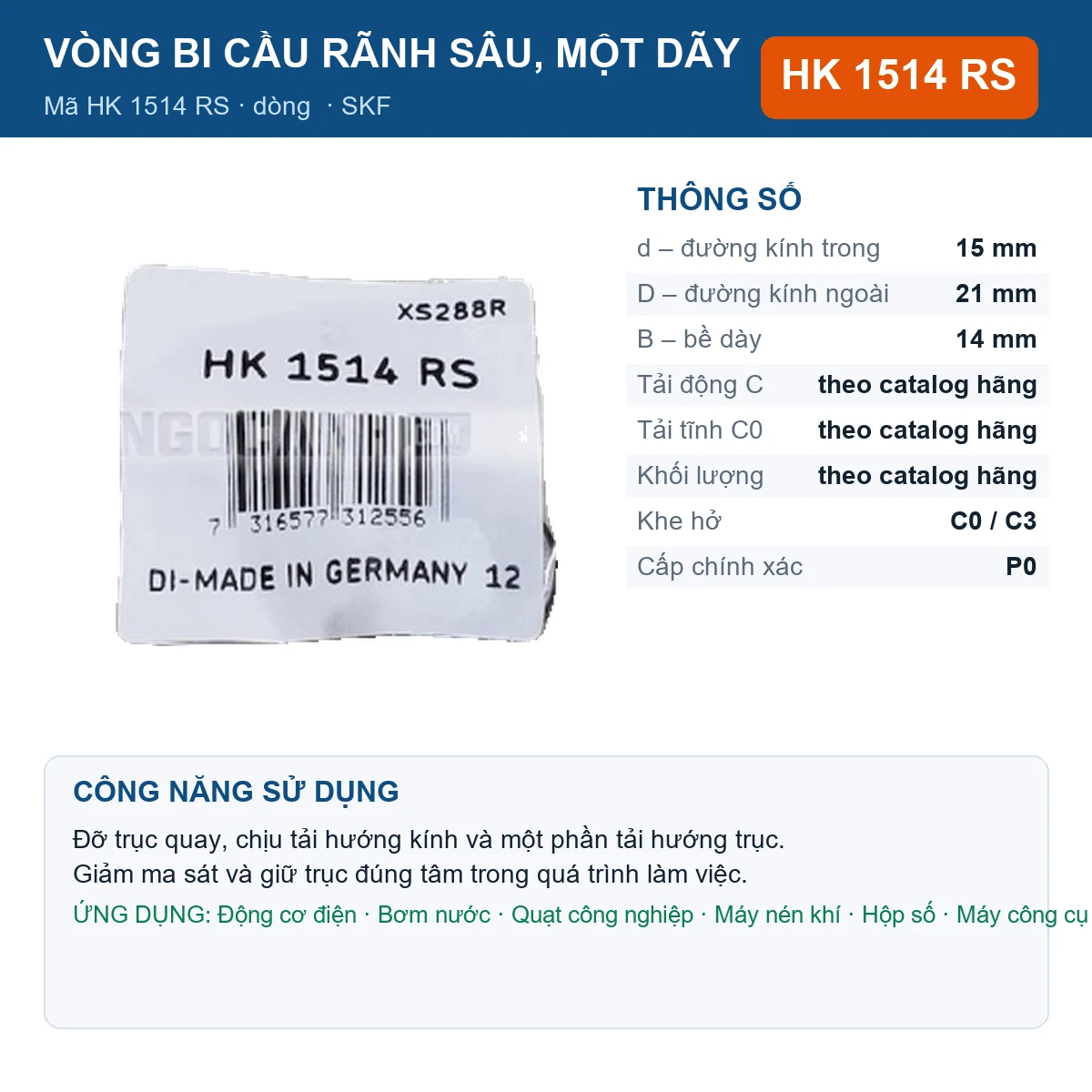 Vòng bi SKF HK 1514 RS — kích thước 15x21x14mm